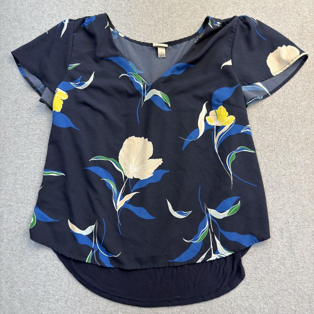 A New Day Shirt Womens Large Blue Flowy Floral V Neck Bohemian Floral Chic